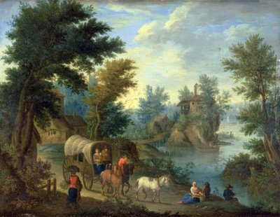 A wooded river landscape with travellers by Peeter van Bredael